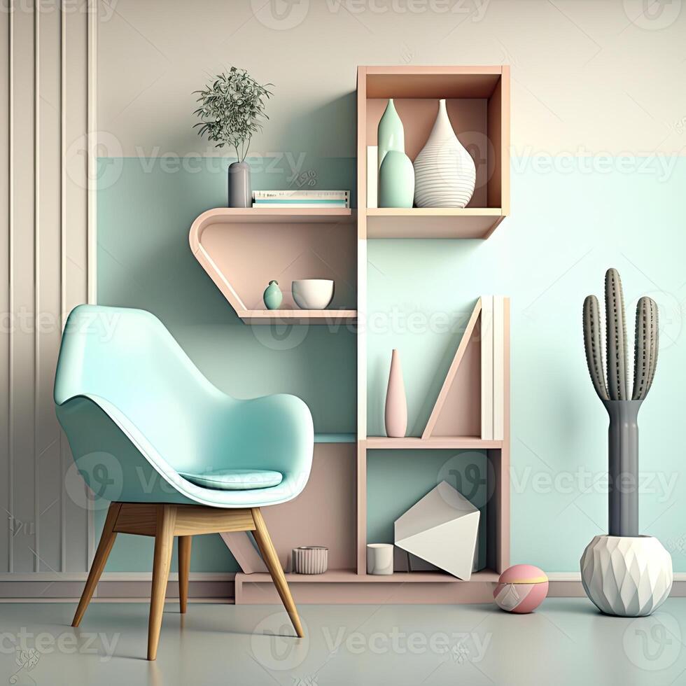 moderno contemporâneo luxo interior projeto, uma combinação do colorida parede cor e de madeira colorida estante, e confortável cadeira. generativo ai digital ilustração. foto