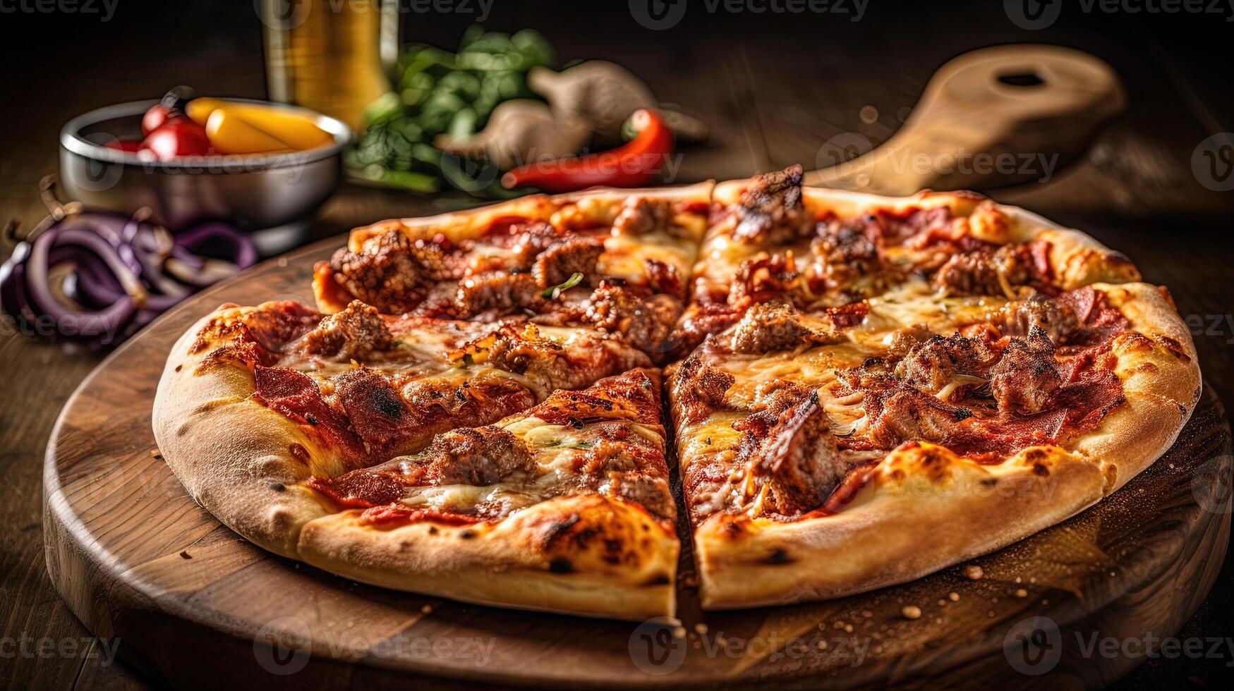 recentemente cozido frango pizza com cortar carne coberturas servido em de madeira corte borda para pronto para comer conceito. Comida fotografia, generativo ai. foto