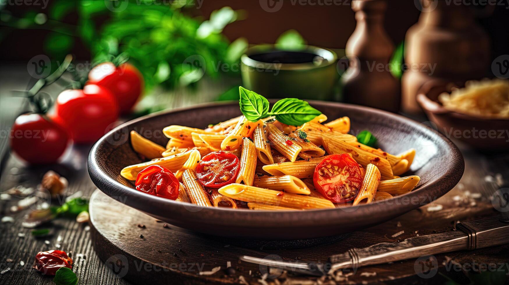 fechar-se foto do italiano Macarrão Penne massa coberturas com tomates, manjericão e beber garrafa em Sombrio de madeira mesa. generativo ai.