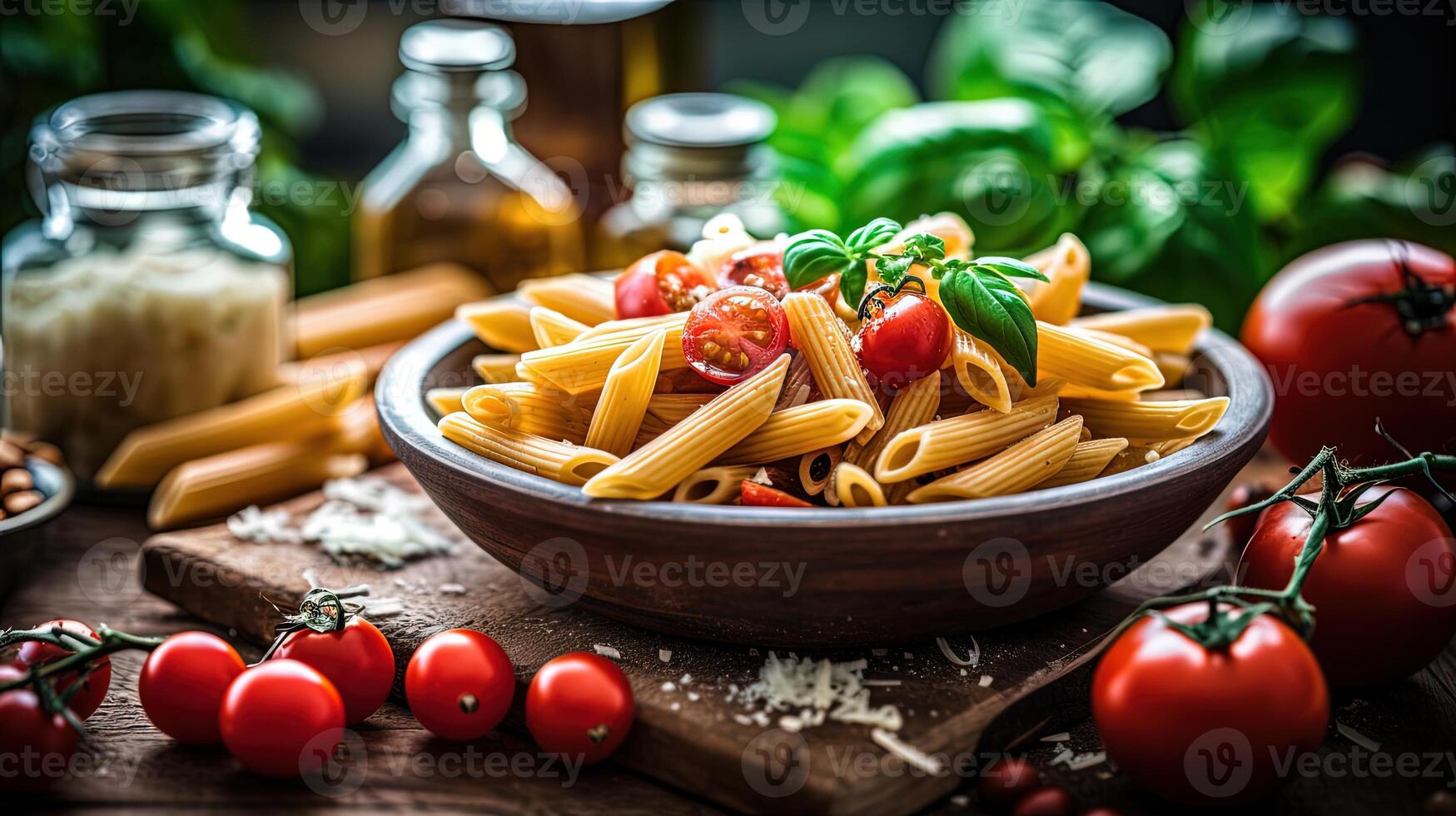 fechar-se foto do italiano Macarrão Penne massa coberturas com queijo, tomates e manjericão em Sombrio de madeira mesa. generativo ai.