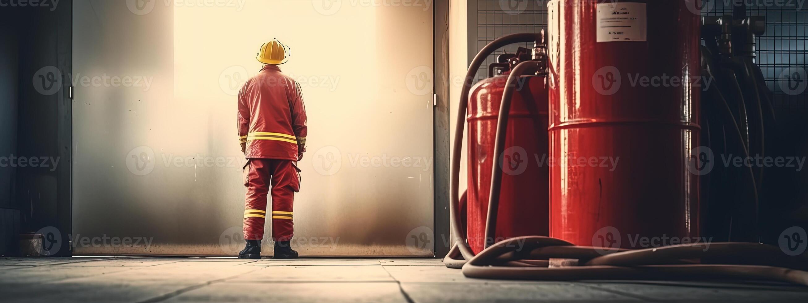 engenheiro inspeção fogo extintor e fogo mangueira, pronto para usar dentro a evento do uma fogo. segurança primeiro conceito. generativo ai. foto