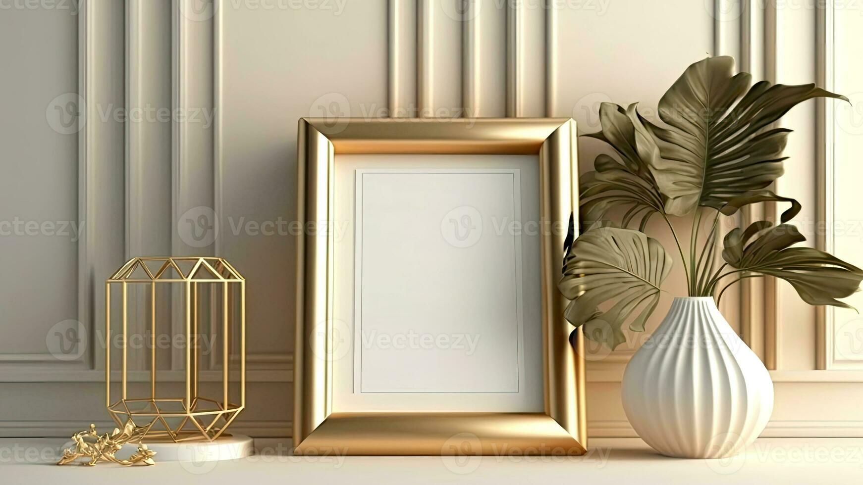 escandinavo dourado foto quadro, Armação com interior plantas, e decorativas contra cinzento paredes.