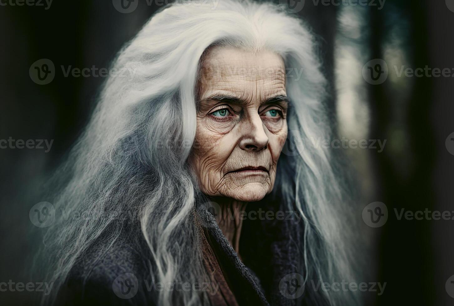 retrato do muito triste Senior mulher natural face em nebuloso floresta fundo generativo ai foto