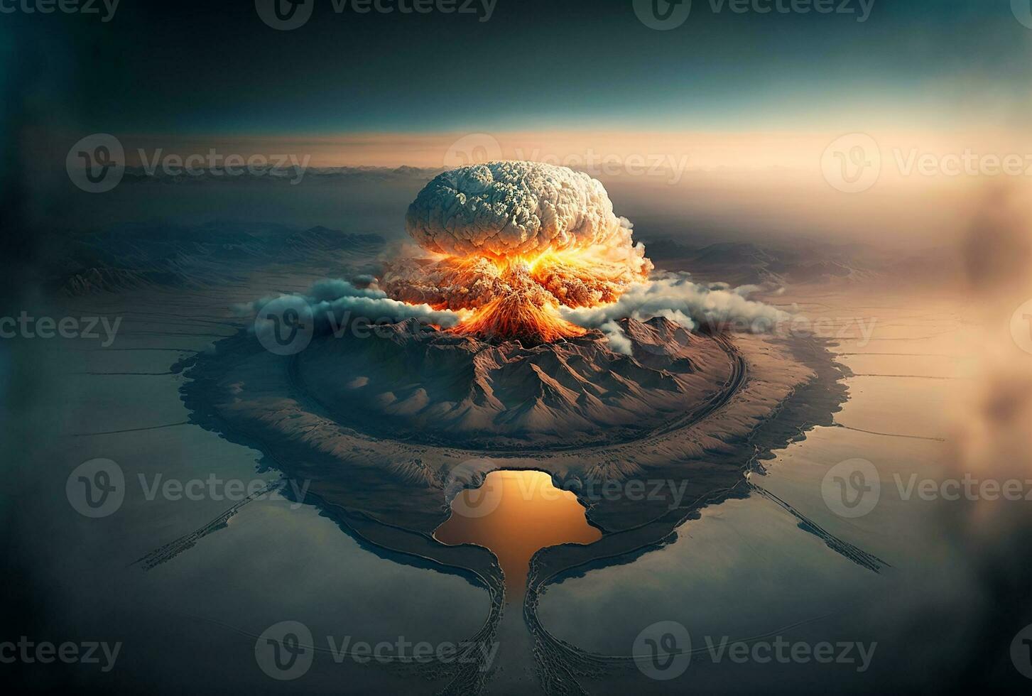 ilustração do enorme nuclear bombear explosão sobre cidade. generativo uma foto