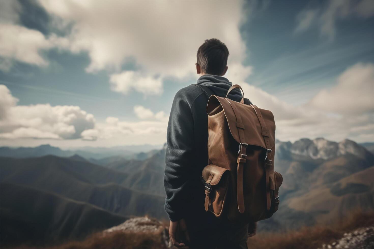 uma homem com uma mochila carrinhos em uma montanha topo olhando às a montanhas. generativo ai foto