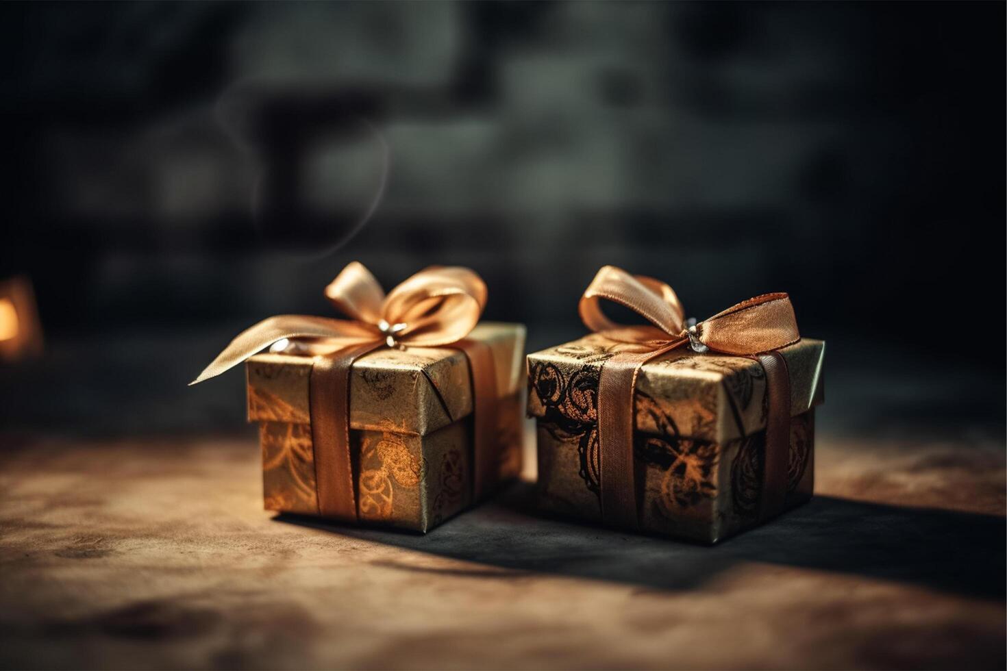 dois presente caixa maré com ouro fitas em vintage fundo, mãe dia ou do pai dia ou azevinho dia generativo ai foto