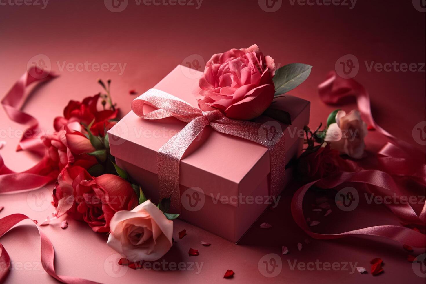 Rosa presente caixa maré com vermelho fitas e rosa flores em Rosa fundo, mãe dia ou do pai dia ou azevinho dia generativo ai foto
