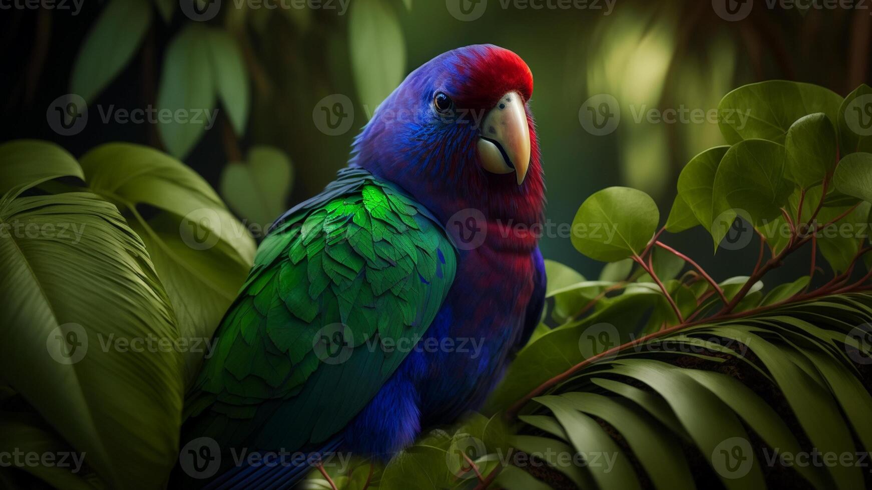 colorida par do papagaios sentado em ramo entre folhas tropical floresta tropical , flores dentro a fundo, 3d Renderização incrivelmente detalhado. foto