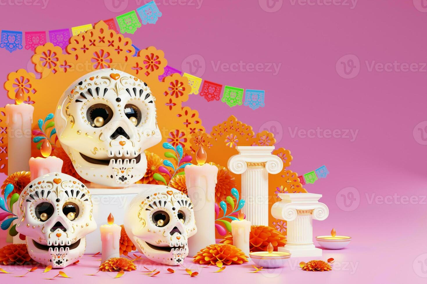 3d Renderização para dia do a morto, dia de muertos altar conceito. composição do fofa açúcar crânios, branco velas, calêndula flores, panela de morto, cacto, guitarra do a morto. 3d ilustração foto