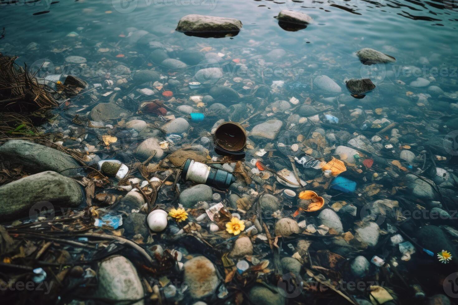 ai gerado orgânico Lixo dentro a rio fundo foto