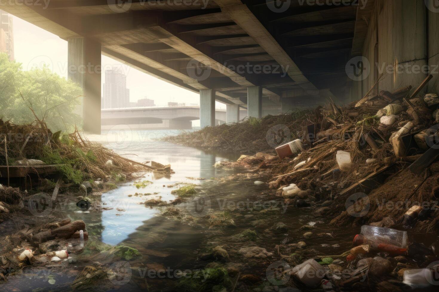 ai gerado orgânico Lixo dentro a rio debaixo ponte fundo foto