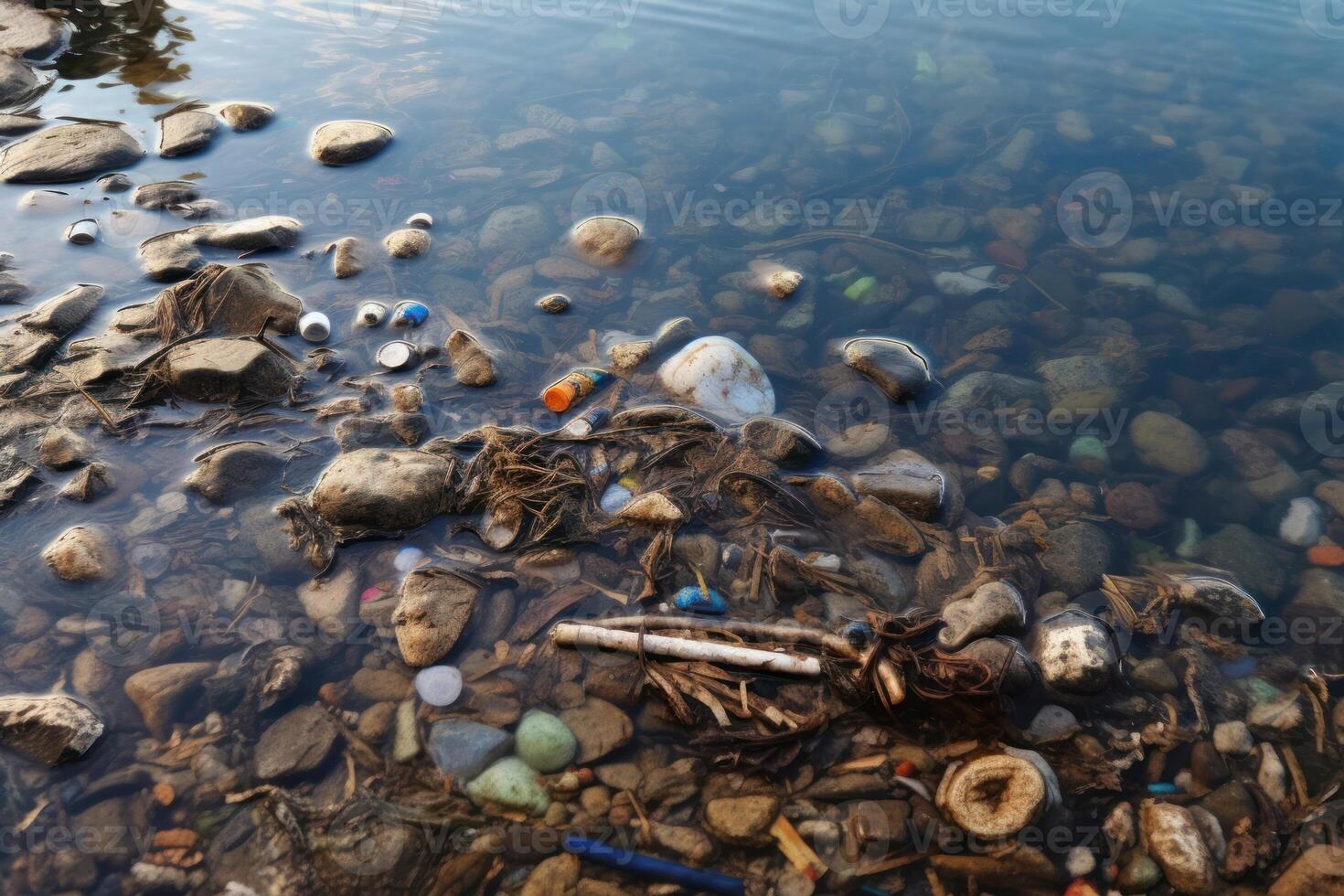 ai gerado orgânico Lixo dentro a rio fundo foto