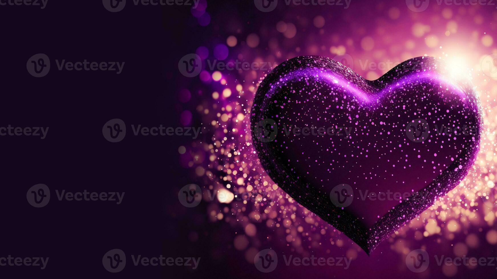3d render do brilhante roxa brilhante coração forma em bokeh iluminação fundo. amor conceito. foto