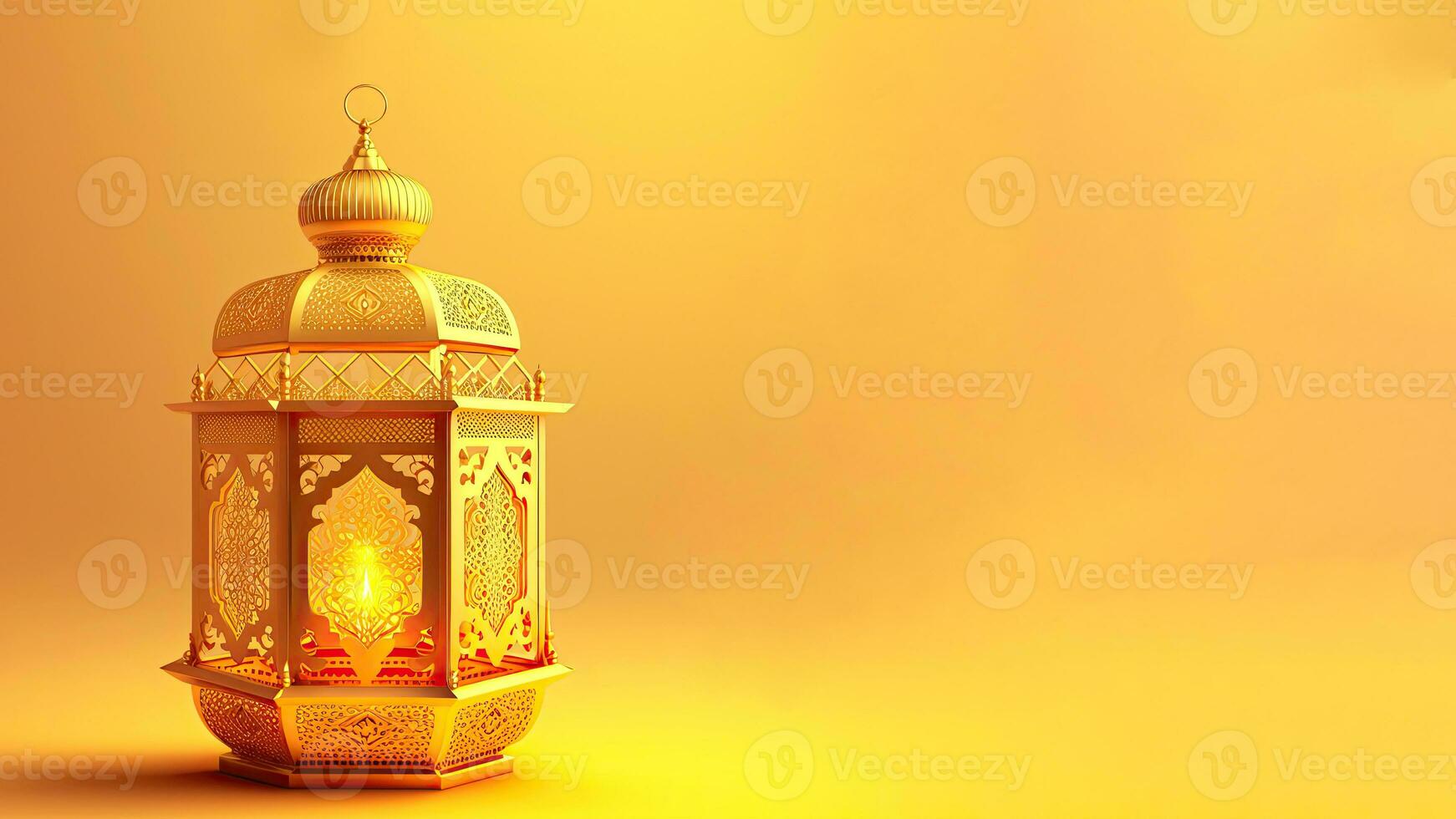 iluminado dourado árabe lanterna em cromada amarelo fundo. islâmico religioso conceito. 3d renderizar. foto