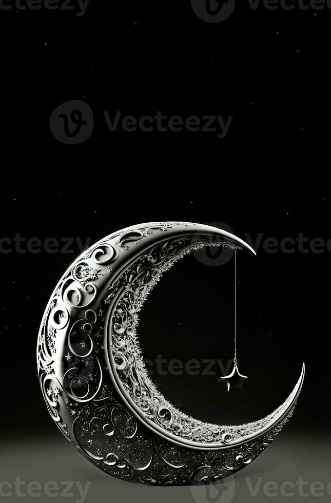 3d render do prata requintado crescente lua com suspensão Estrela em Preto fundo. islâmico religioso conceito. foto