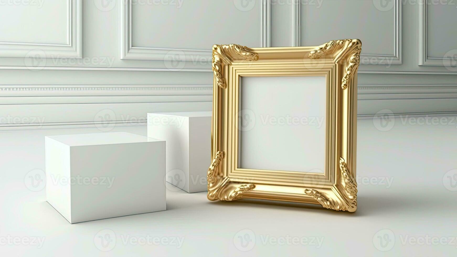 3d render do dourado vintage quadrado quadro, Armação com imagem espaço reservado, caixas em chão e interior parede painéis brincar. foto