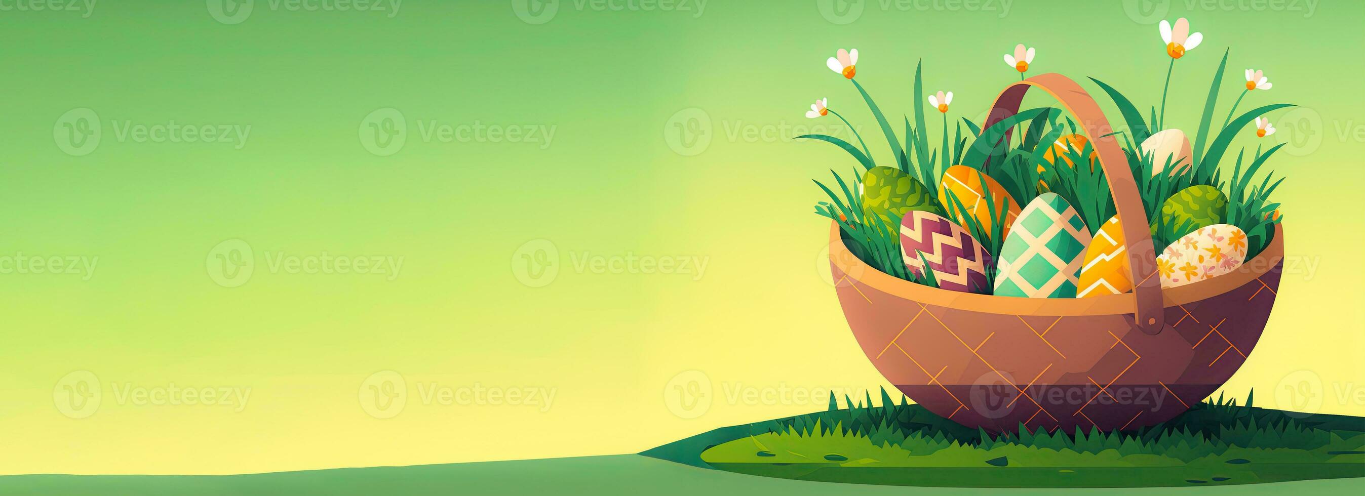 ilustração do colorida floral Páscoa ovos cesta em Relva contra amarelo e verde fundo. feliz Páscoa dia conceito. foto
