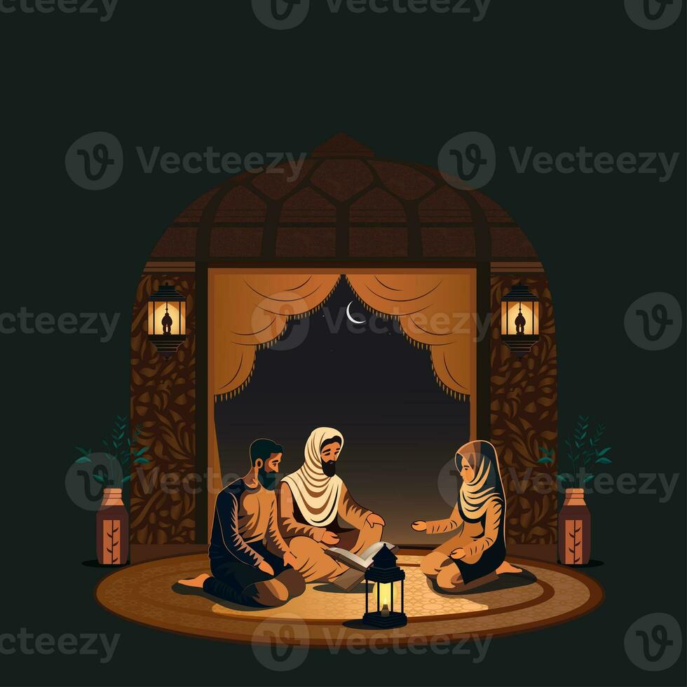 árabe família personagens Rezar juntos com Alcorão livro, iluminado lâmpadas decorado crescente lua noite fundo. foto