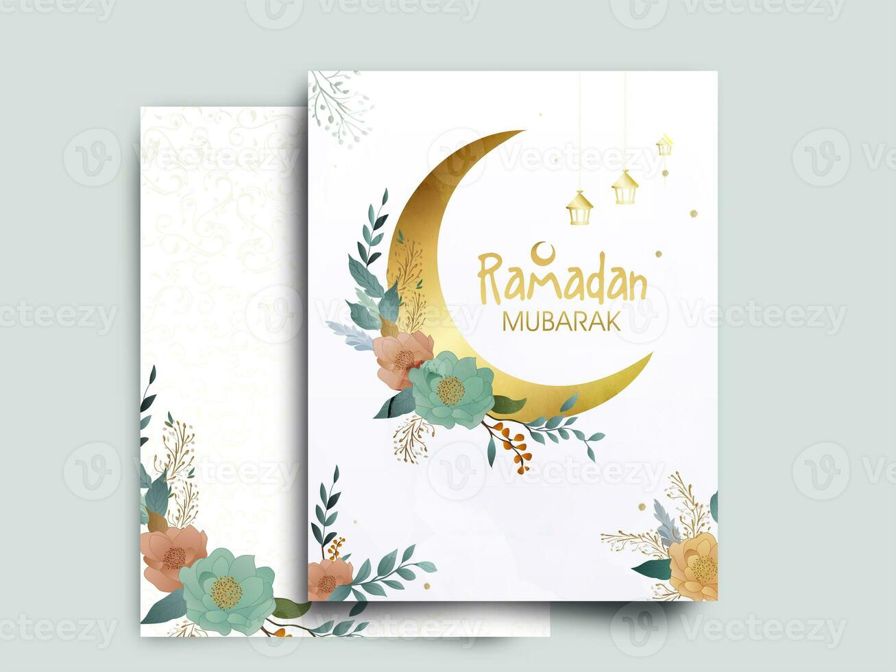 Ramadã Mubarak cumprimento cartão com dourado crescente lua em floral fundo. foto