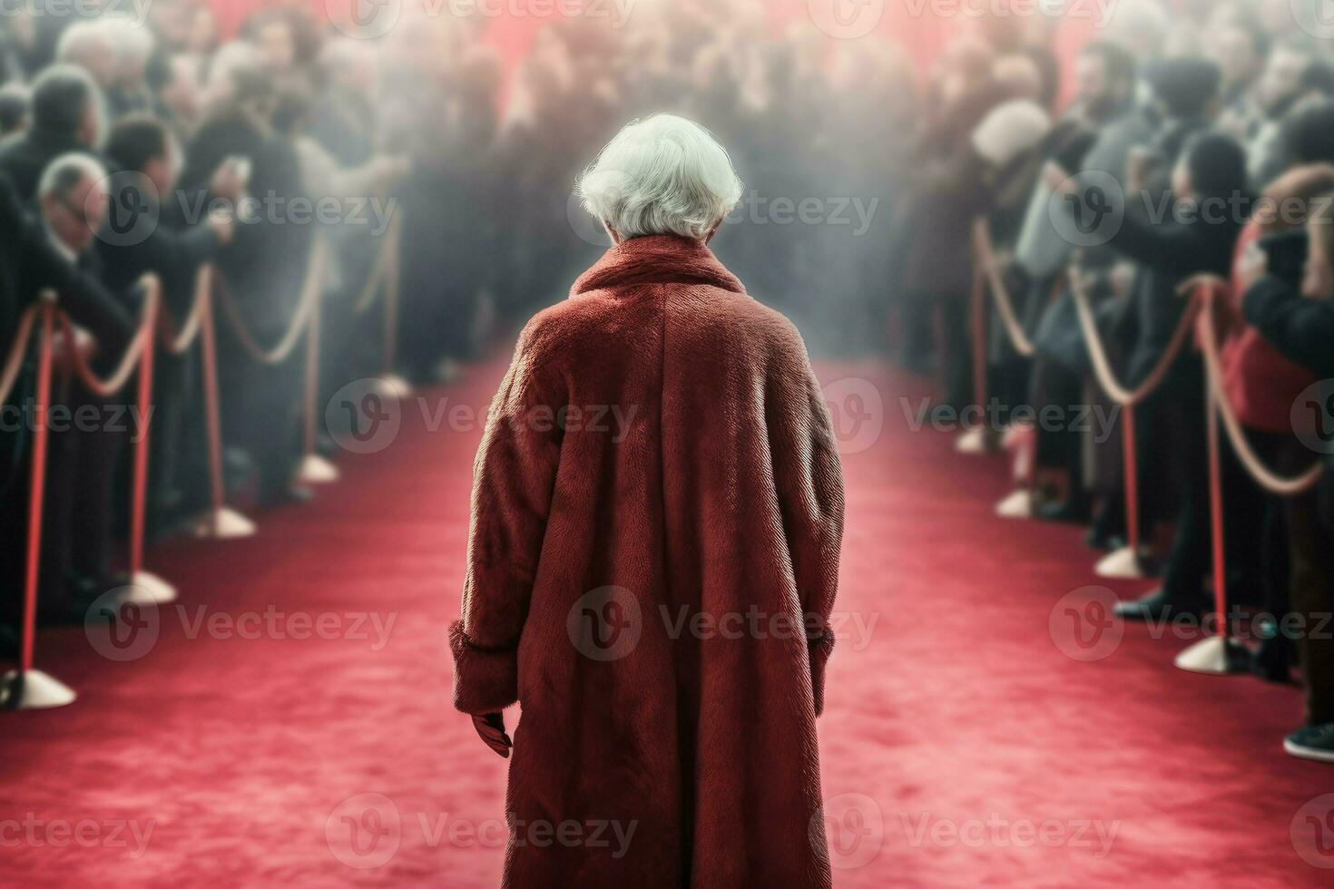 Senior mulher em vermelho tapete. gerar ai foto