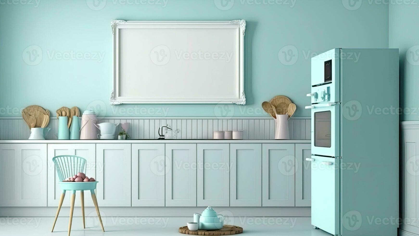 3d renderizar, funcional cozinha interior e em branco quadro, Armação ou borda brincar. foto