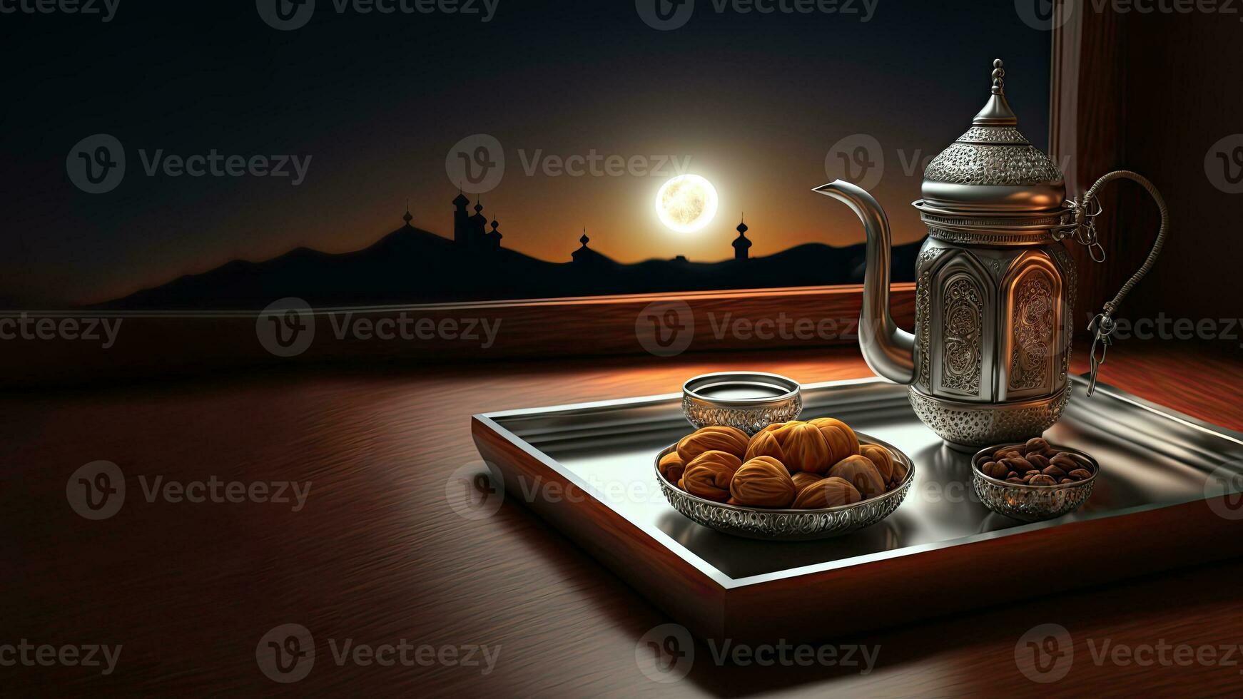 3d render do árabe jarro e seco fruta tigela em bandeja dentro noite tempo. islâmico religioso conceito. foto