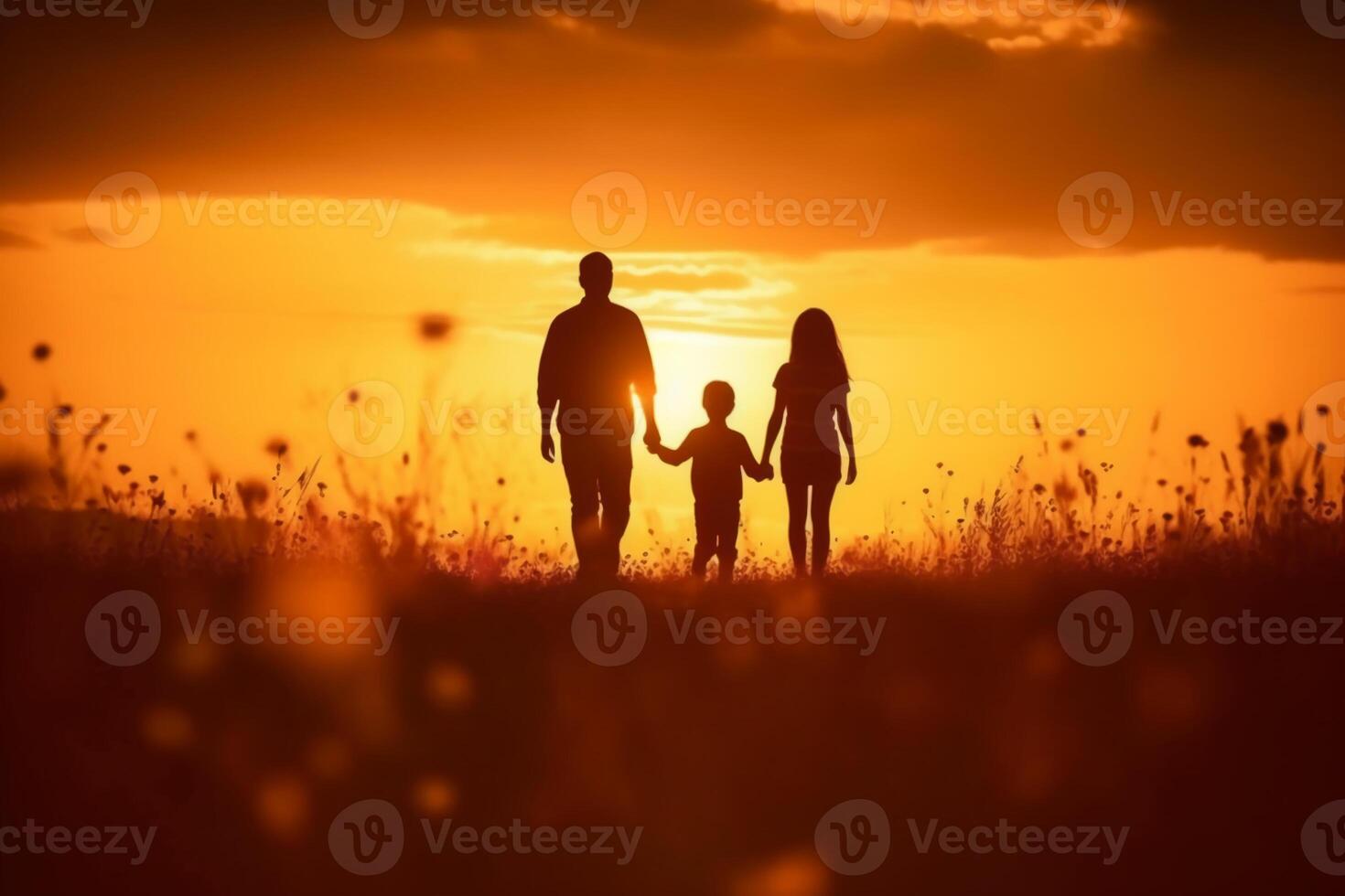 silhueta do feliz família caminhando dentro a Prado às pôr do sol. ai generativo foto