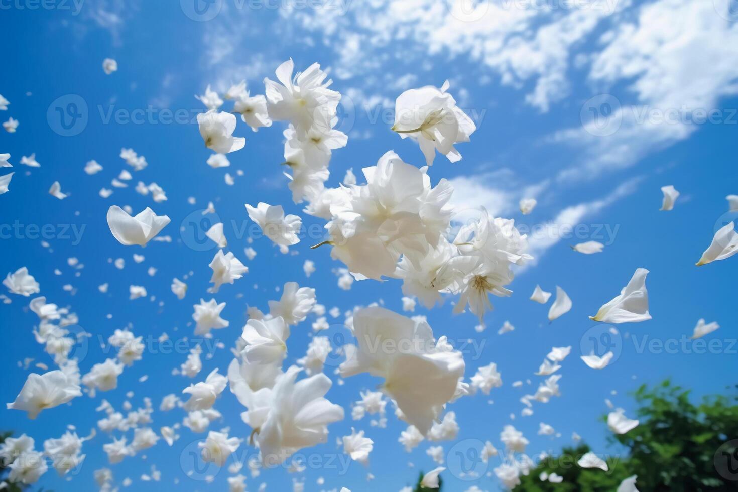 a branco pétalas outono fora com borrado Claro azul céu e nuvem. ai generativo foto