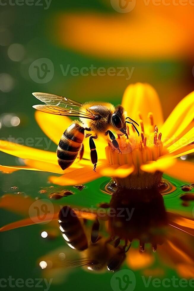 abelha sentado Próximo para amarelo flor e derrubar. ai generativo foto