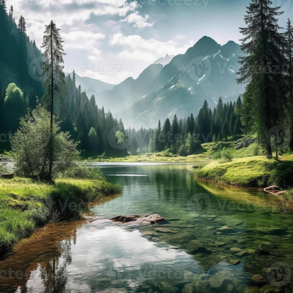 lago com montanhas e árvores ai generativo foto