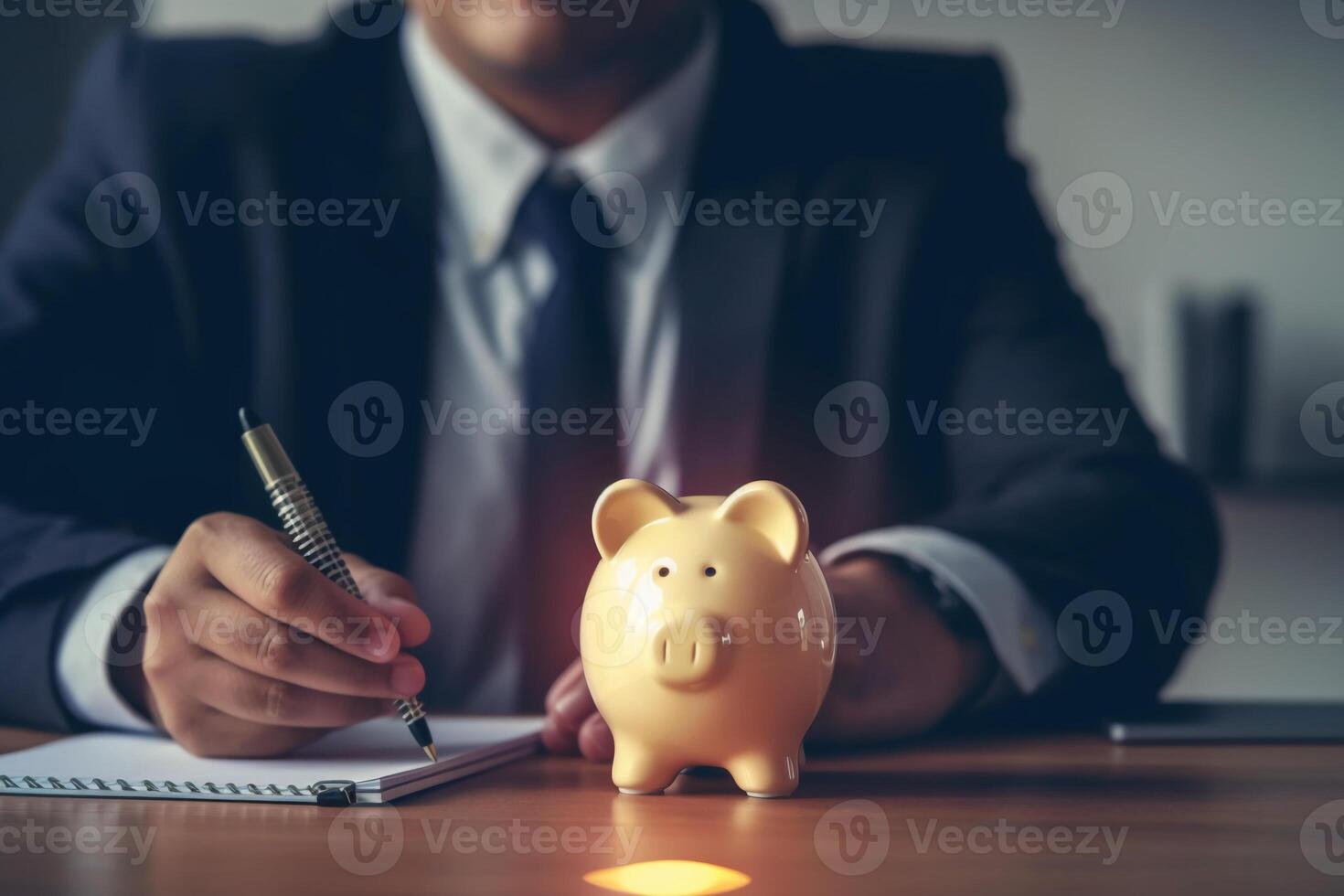 idéia para Salve  ou investimento. homem de negocios segurando lâmpada ao lado porquinho banco e moedas empilhamento em escrivaninha com Nota livro. ai generativo foto