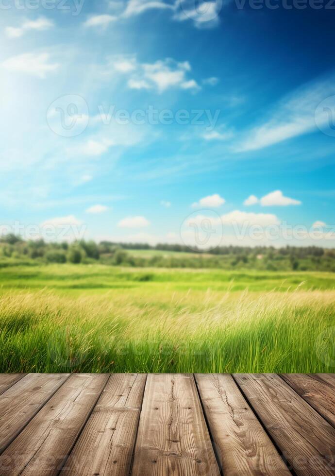 Primavera verão lindo fundo com verde suculento jovem Relva e esvaziar de madeira mesa dentro natureza ar livre. natural modelo panorama com azul céu e Sol. ai generativo foto