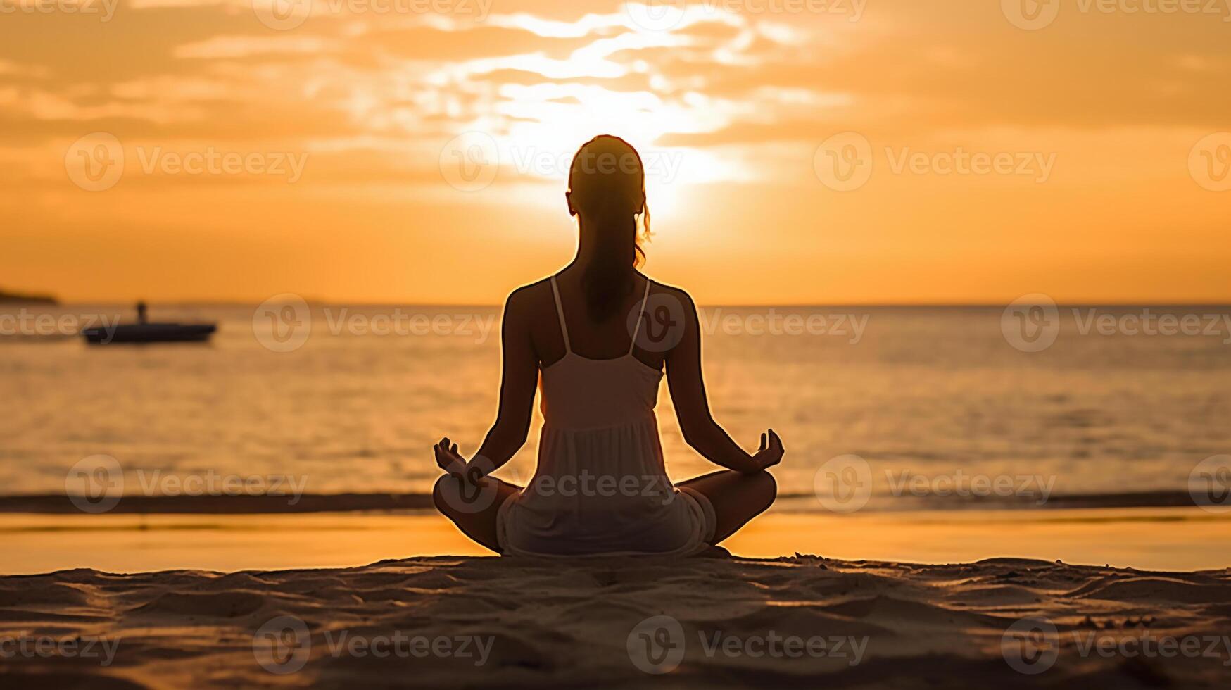 mulher meditando em a de praia às pôr do sol. ai generativo foto