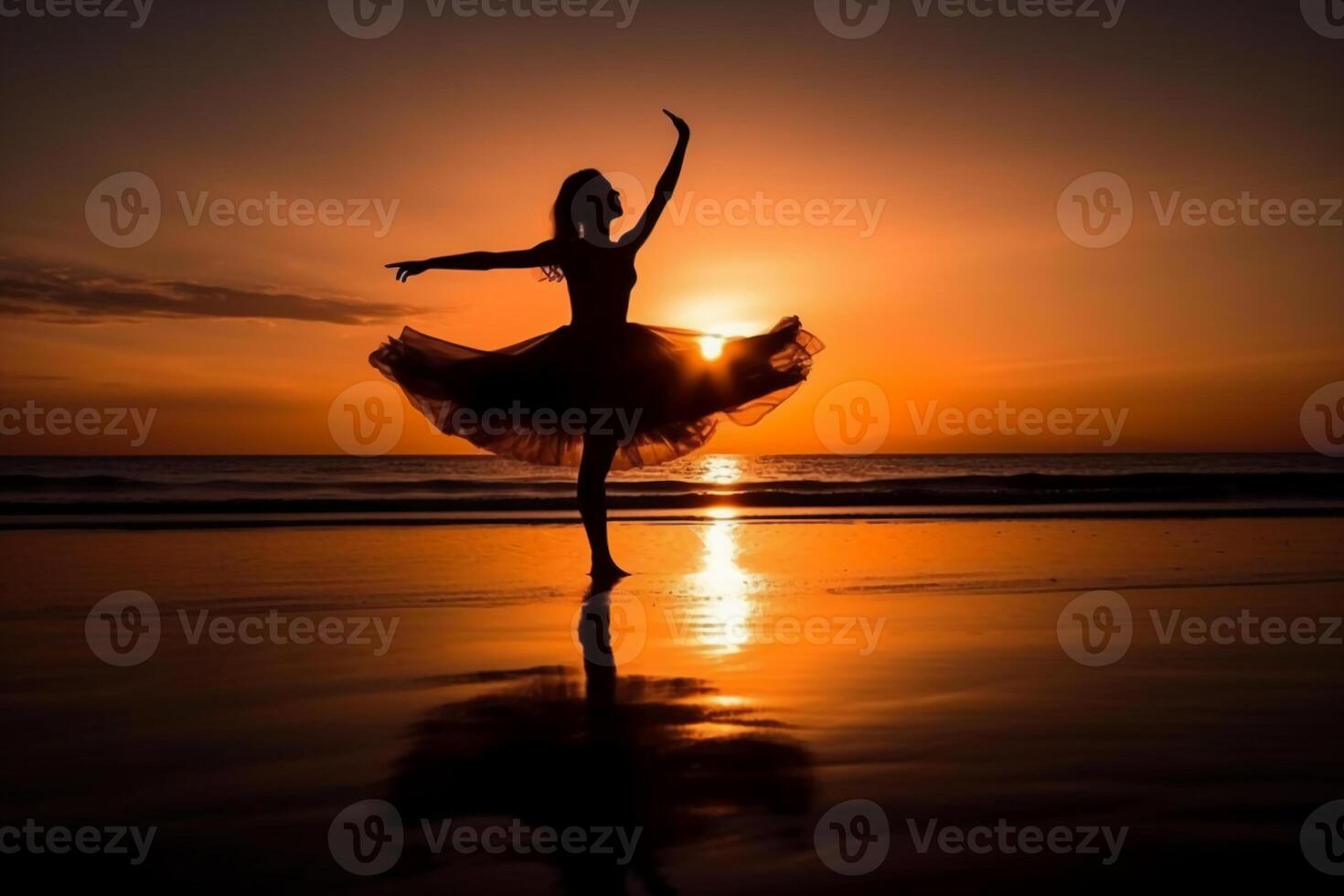 a silhueta do uma bailarina em a pôr do sol de praia. ai generativo foto