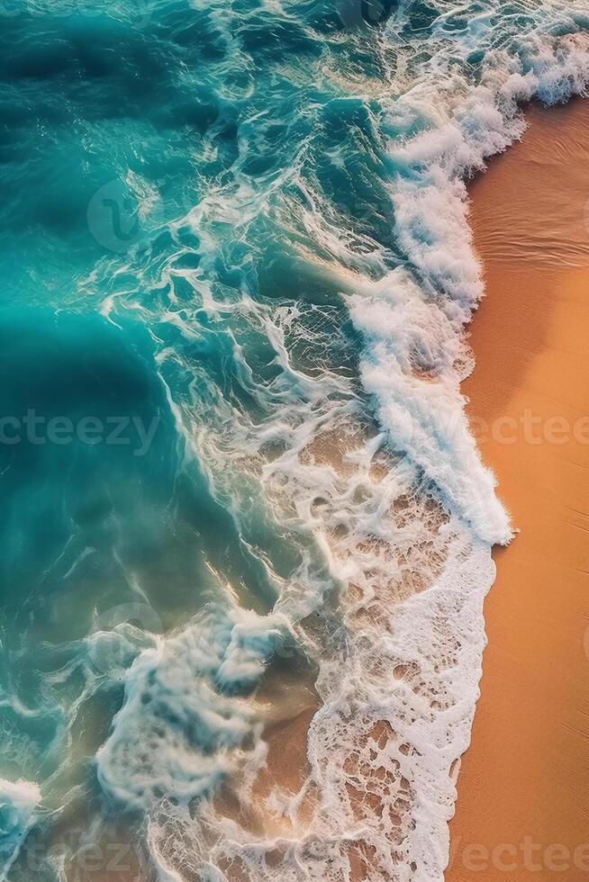 oceano pacífico, azul água, ondas, areia, Claro claro. ai generativo foto