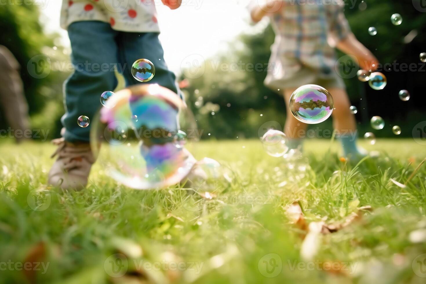 fechar acima grande bolhas borrado fundo do uma criança pernas vestindo branco roupas. ai generativo foto