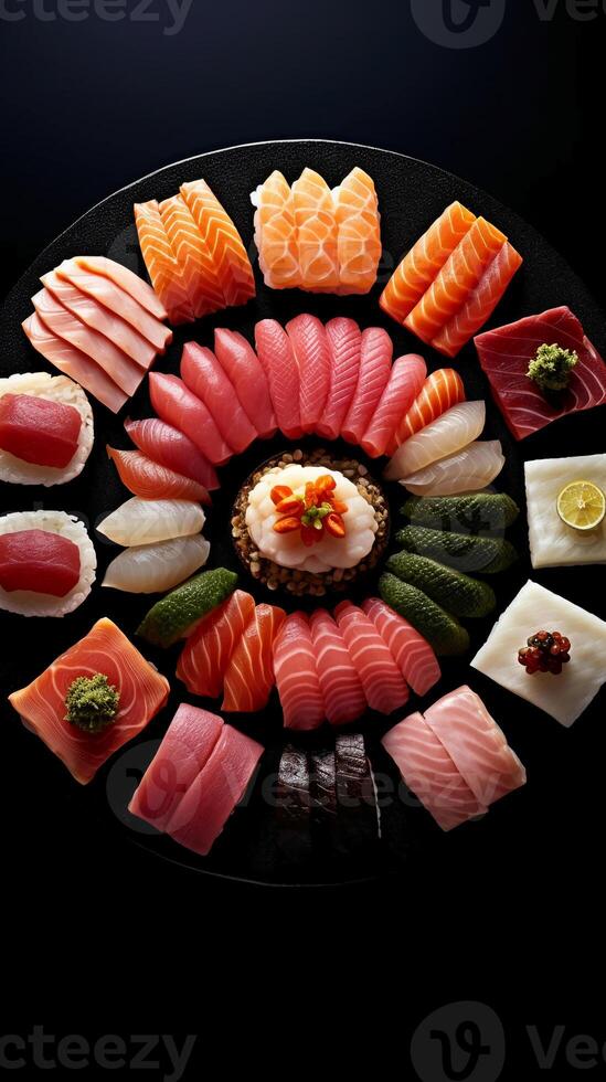 Sushi, desconstruído obra de arte, vibrante peixe fatias. ai generativo foto