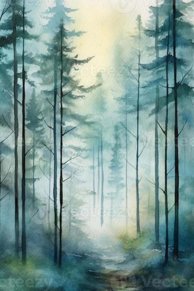 uma aguarela pintura do uma enevoado floresta, tranquilo, profundo, fada conto vibração, simples aguarela estilo com poucos detalhes, semi abstrato. ai generativo foto