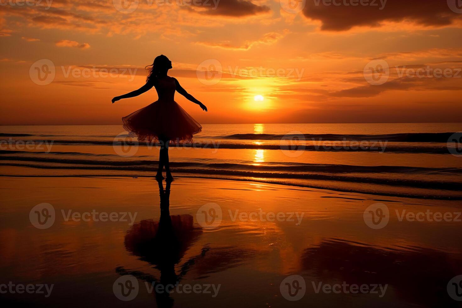 a silhueta do uma bailarina em a pôr do sol de praia. ai generativo foto