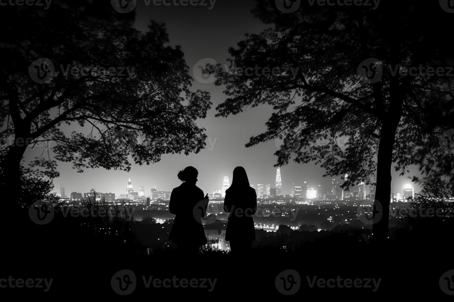 silhuetas do dois observar as estrelas mulher dizendo adeus, cercado de árvores e a contorno do Londres cidade dentro a fundo. ai generativo foto