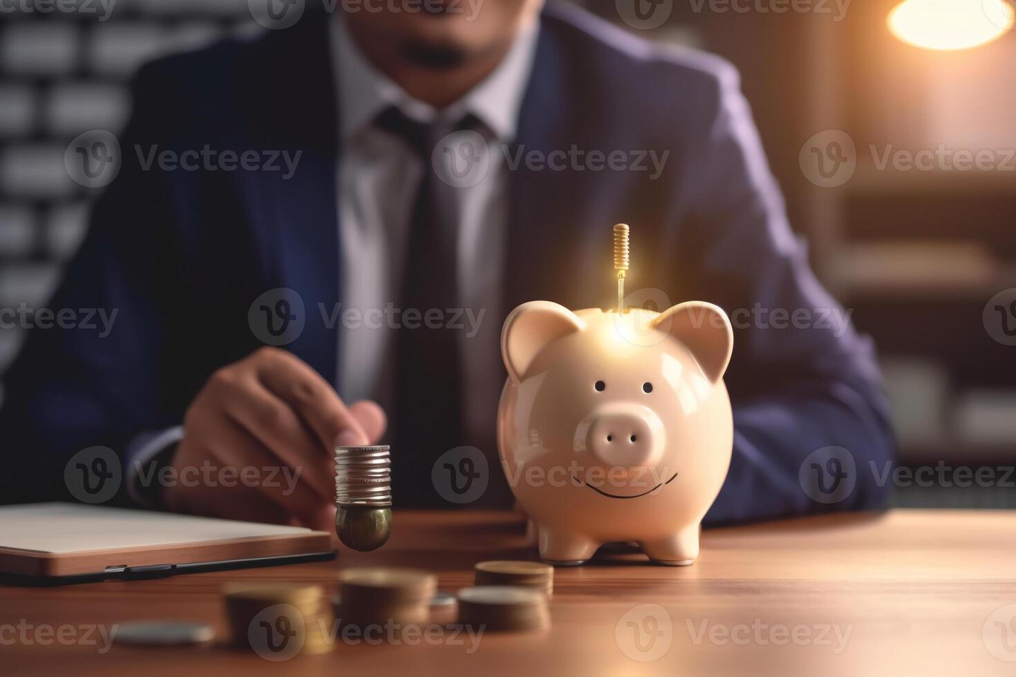 idéia para Salve  ou investimento. homem de negocios segurando lâmpada ao lado porquinho banco e moedas empilhamento em escrivaninha com Nota livro. ai generativo foto