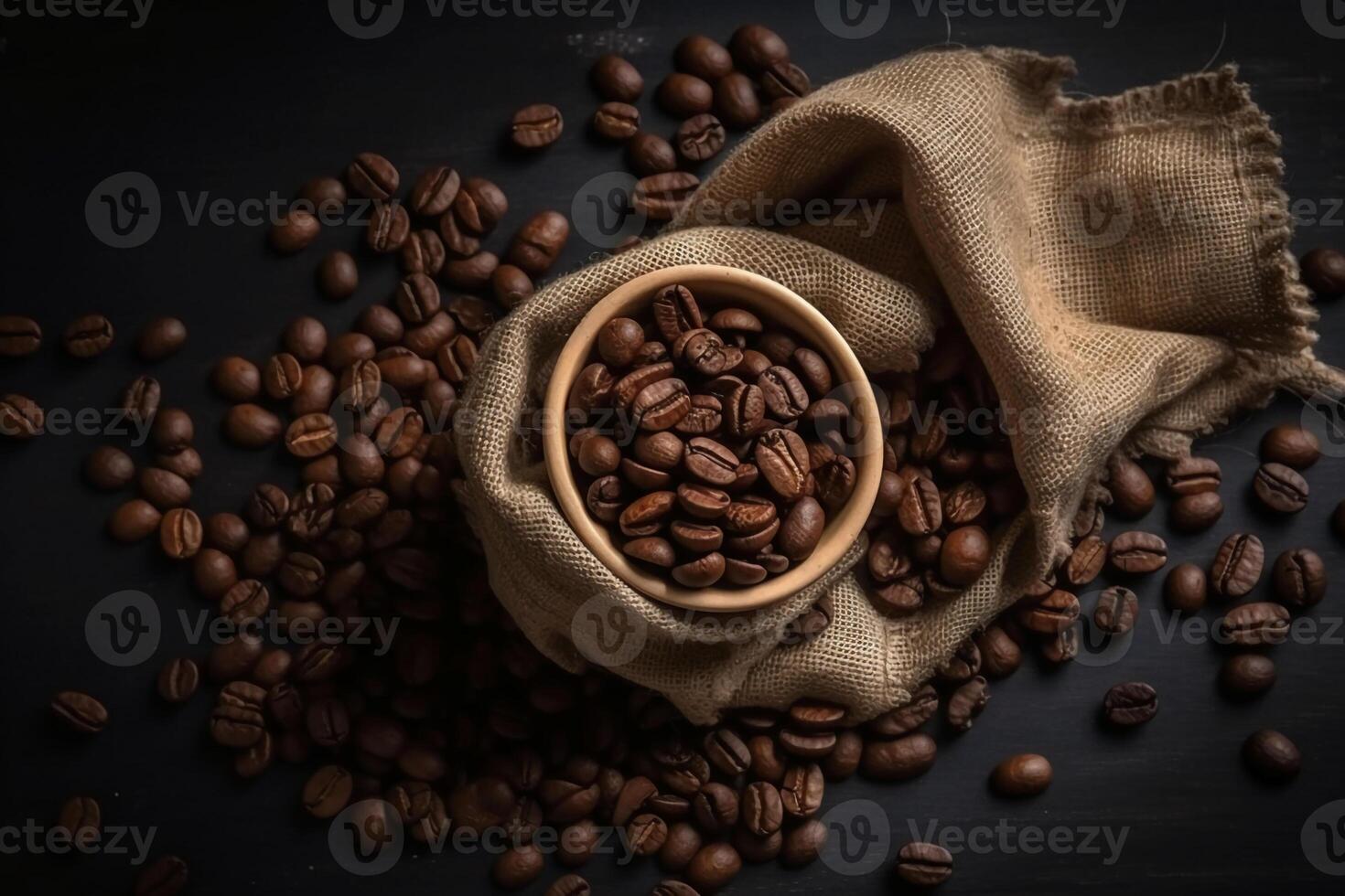 topo Visão do café feijões dentro uma saco em Sombrio fundo. ai generativo foto