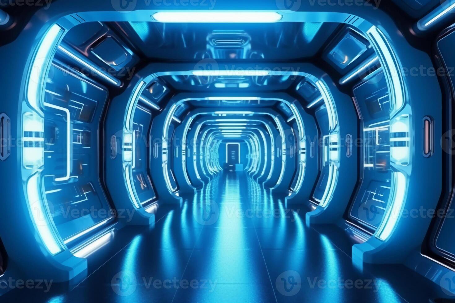 futurista fundo Ciência ficção interior e azul luz arquitetura corredor. ai generativo foto