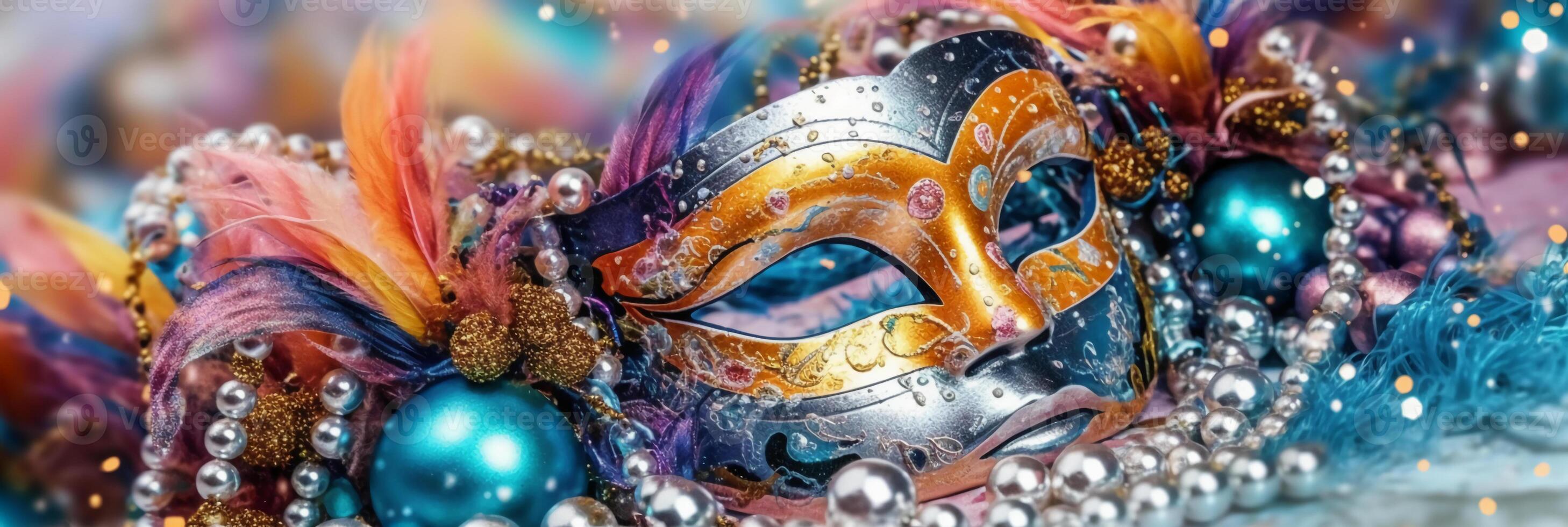 veneziano carnaval mascarar e miçangas decoração. mardi gras fundo. ai generativo foto