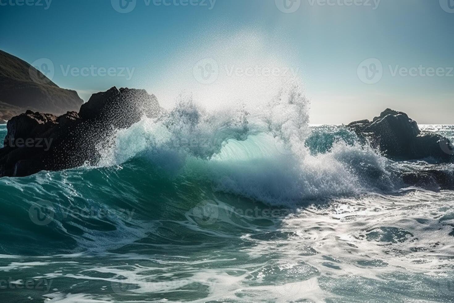 ensolarado dia, beleza do marinho natureza, força e poder do a água elemento dentro Formato do uma ampla turquesa mar onda falhando em costa. ai generativo foto