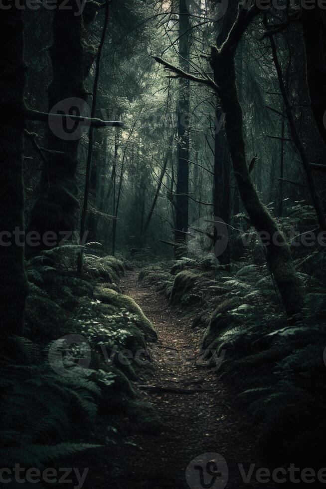 Sombrio floresta, com uma caminho dentro a meio, Horror ambiente, árvores em a lado. ai generativo foto