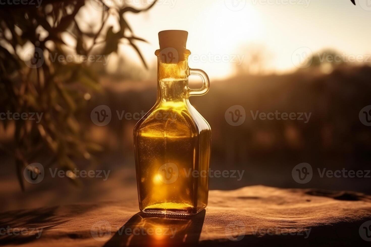 dourado Oliva óleo garrafa em de madeira mesa Oliva campo dentro manhã luz do sol. ai generativo foto