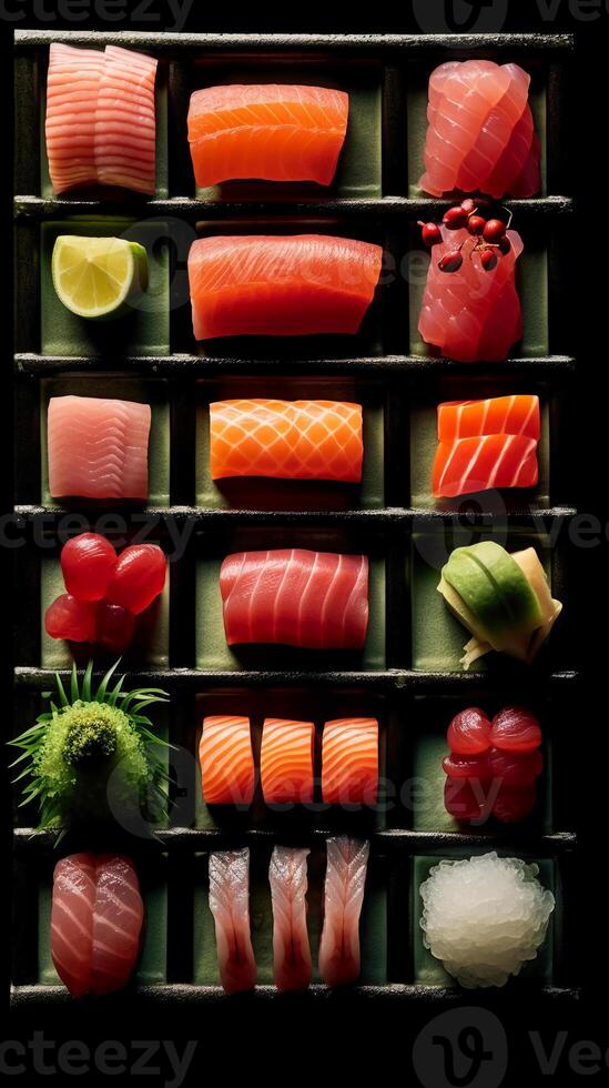 Sushi, desconstruído obra de arte, vibrante peixe fatias. ai generativo foto