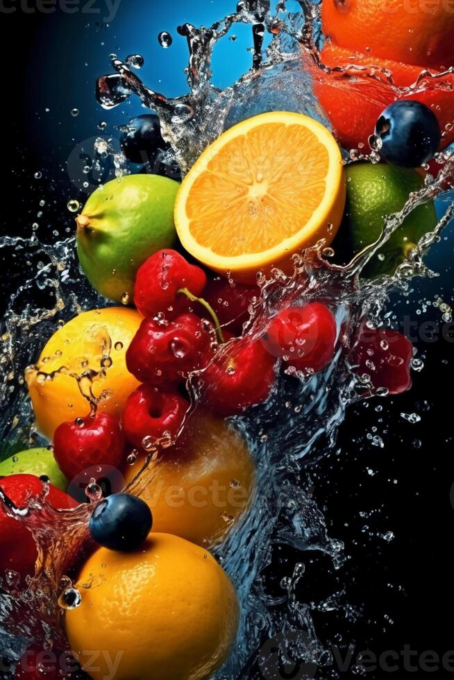 fresco frutas, respingo, vibrante cores. ai generativo foto