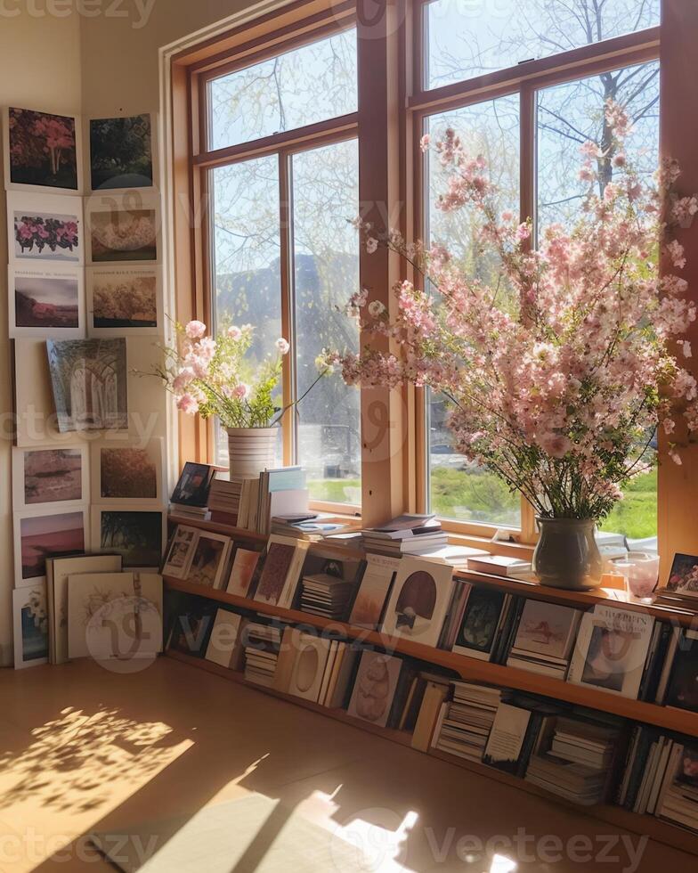 uma foto do fotolivros Próximo para uma grande janela. ai generativo